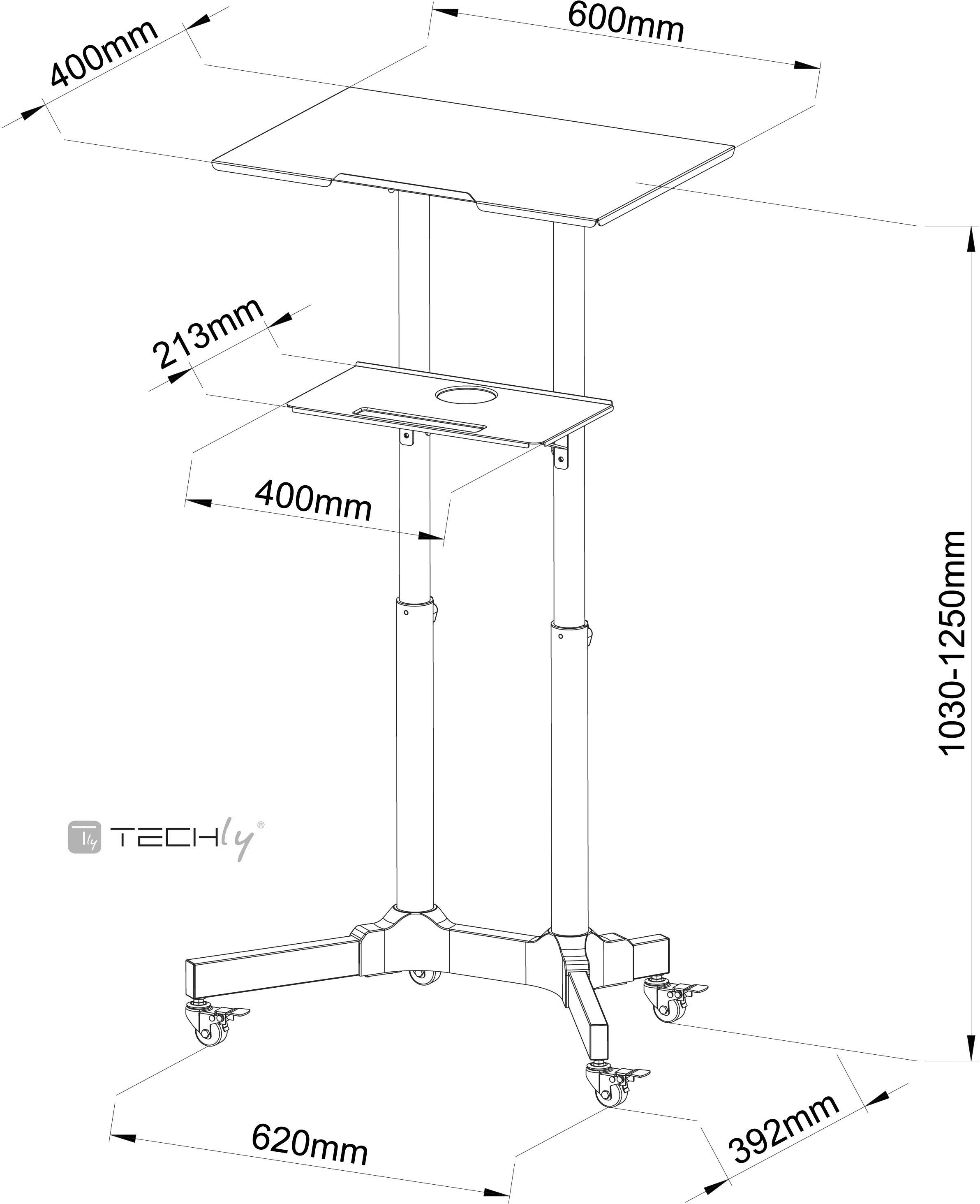 TECHly ICA-TB-TPM-1BK TV kolieskový vozík výškovo nastaviteľný, odkladacie miesto na notebook, sklápajúci-5