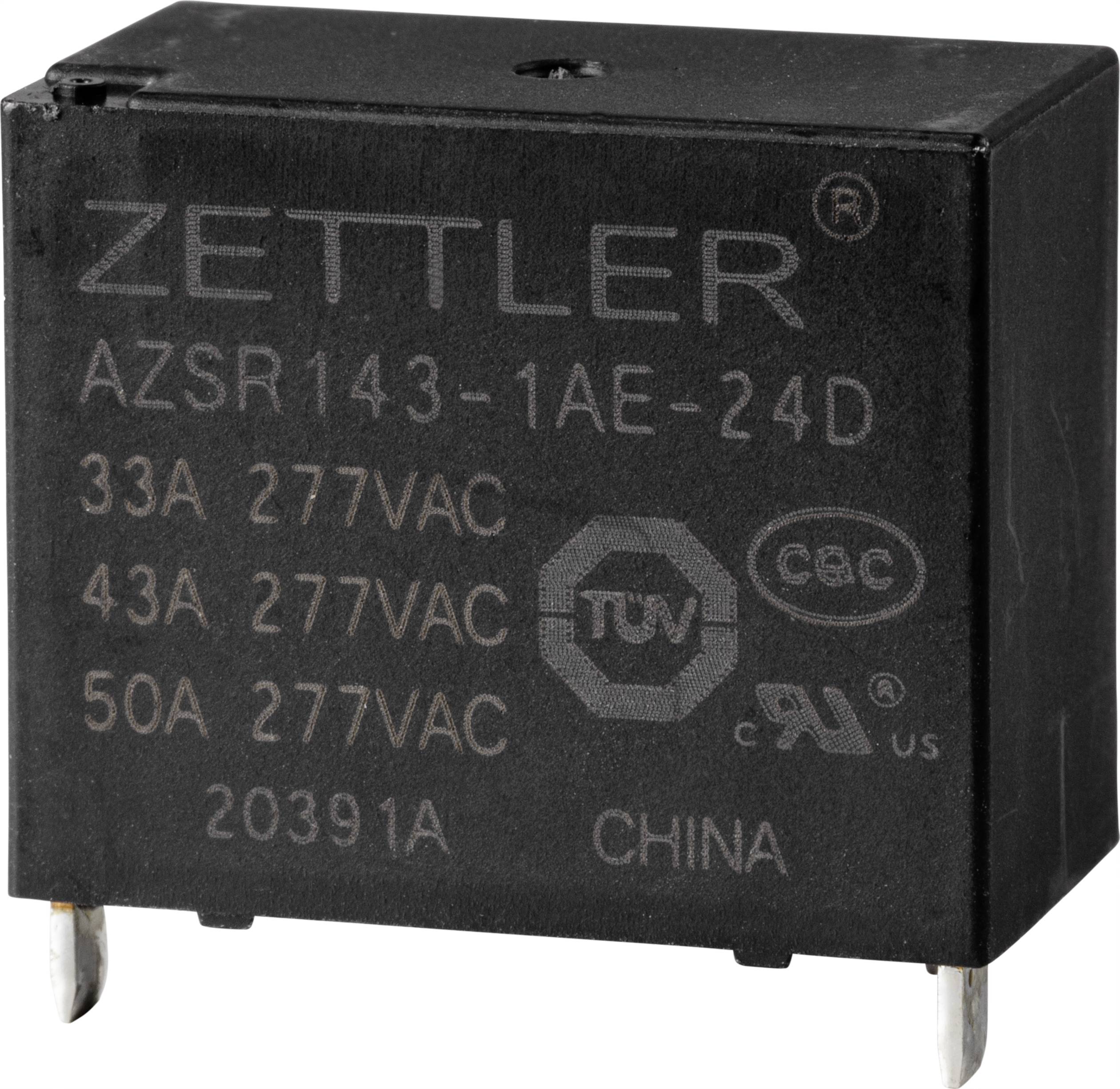 Čierne relé Zettler s modelovým číslom AZSR143-1AE-24D. Zobrazuje elektrické špecifikácie vrátane 33A 277VAC a 50A 277VAC.