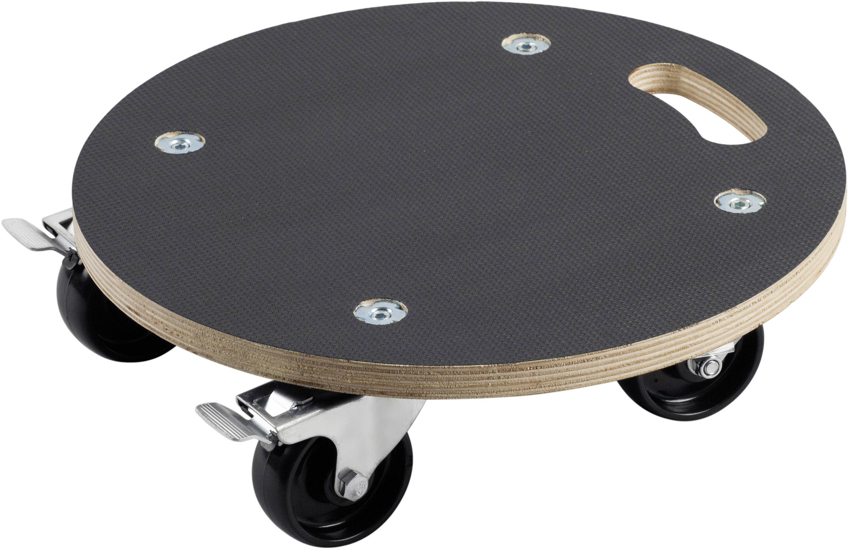 Guľatý drevený nábytková transportný vozík so štyrmi čiernymi kolieskami a rukoväťou. Ideálny na prepravu ťažkých predmetov.
