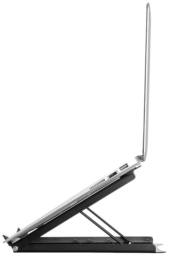 Notebook umiestnený zboku na nastaviteľnom stojane, ktorý zvyšuje polohu obrazovky. Stojan zlepšuje ergonómiu a vetranie.