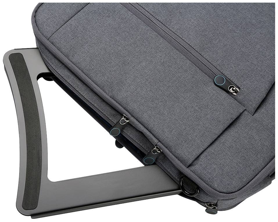 Sivá aktovka s tromi zipsami, pripevnená na rukoväti cestovného kufra. Ideálna pre služobné cesty.