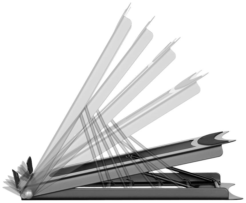 Stojan na notebook nastaviteľný vo viacerých výškach, pohľad z boku. Zobrazuje adaptabilitu a možnosti nastavenia výšky.