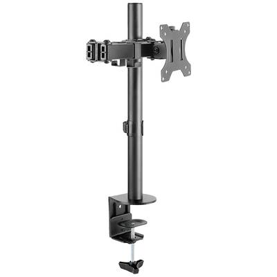 Čierny držiak monitora na upevnenie na stôl. S nastaviteľným ramenom a VESA úchytom pre monitory, určený na ergonomické nastavenie.