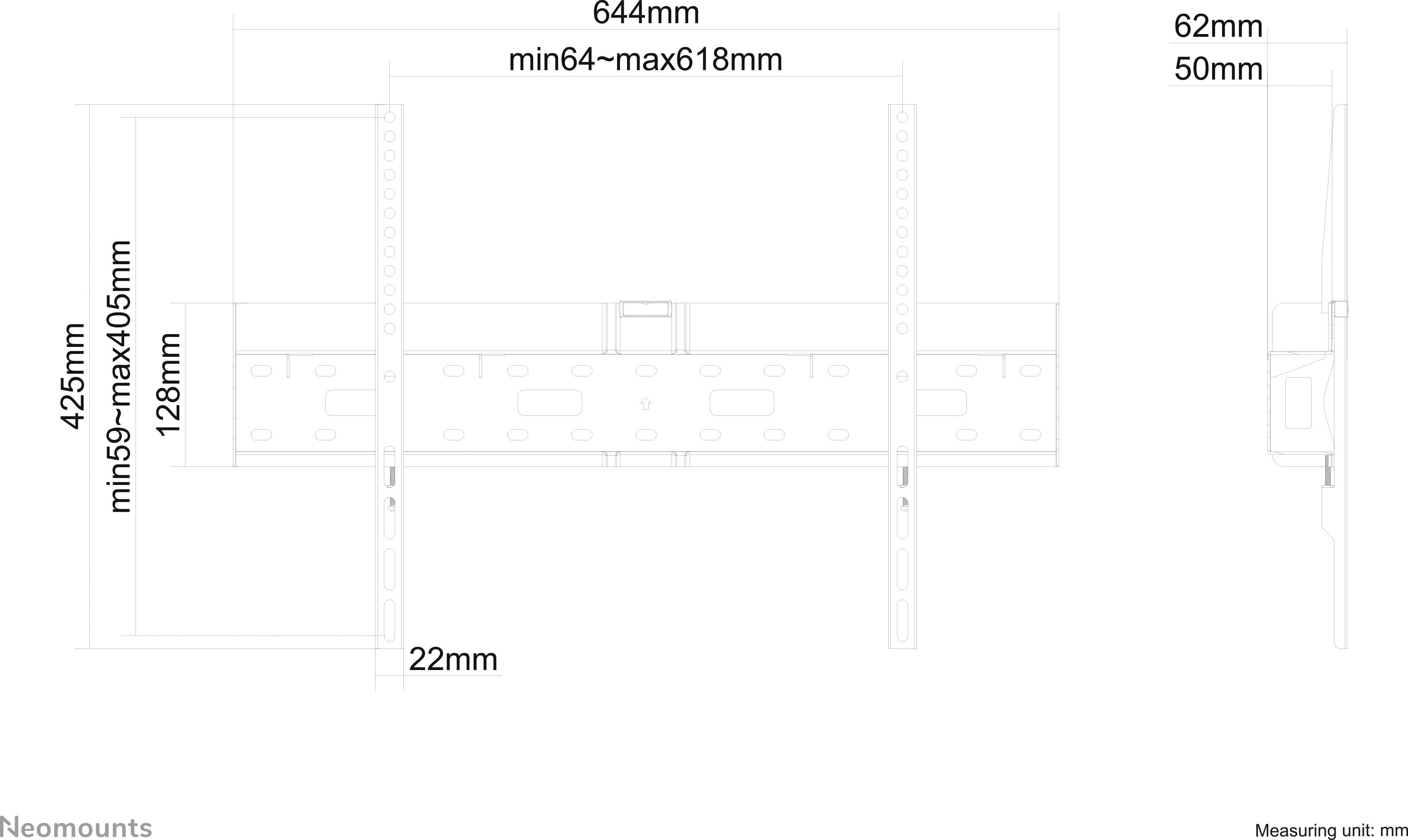 Diagram TV držiaka na stenu s rozmermi: šírka 644 mm, výška 425 mm, hĺbka 22 mm. Vertikálne nastavenie min. 64 mm, max. 618 mm.
