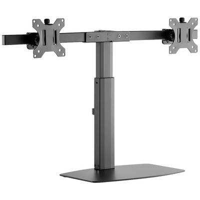 Kovový stojan na dva monitory v čiernej farbe s dvoma VESA upevneniami, vhodný pre uchytenie dvoch obrazoviek.