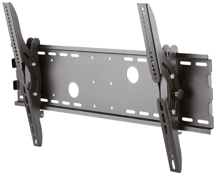 Čierna, nastaviteľná nástenná konzola pre ploché televízory s viacerými upevňovacími bodmi a otvormi pre skrutky.