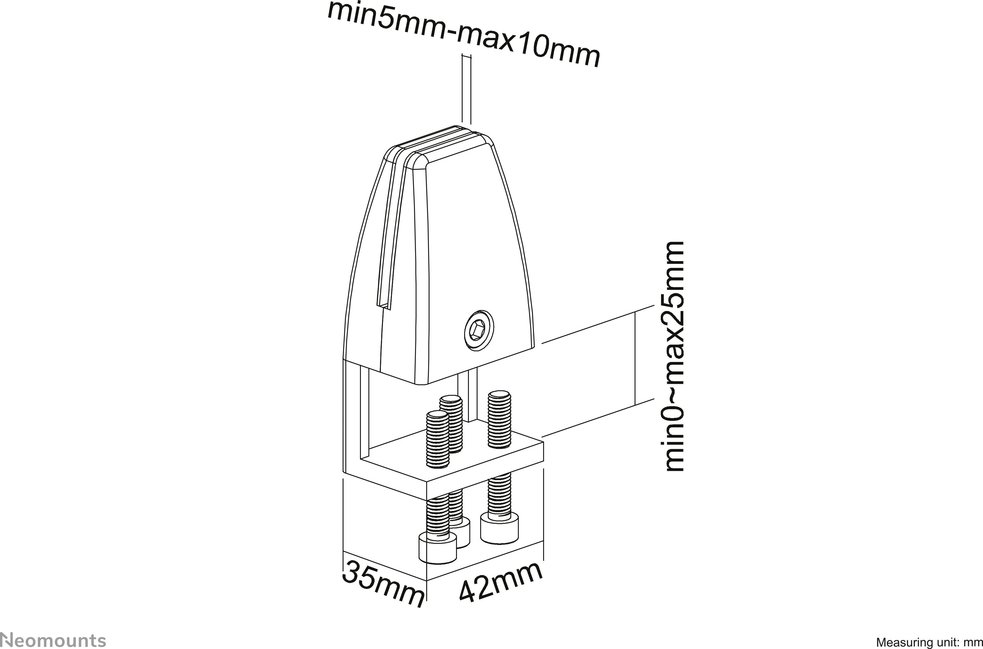 Držiak na montáž displeja, rozmery: šírka 35 mm, hĺbka 42 mm, hrúbka svorky: 5-10 mm, výška: 0-25 mm. Vhodný pre upevnenie na pracovný stôl.