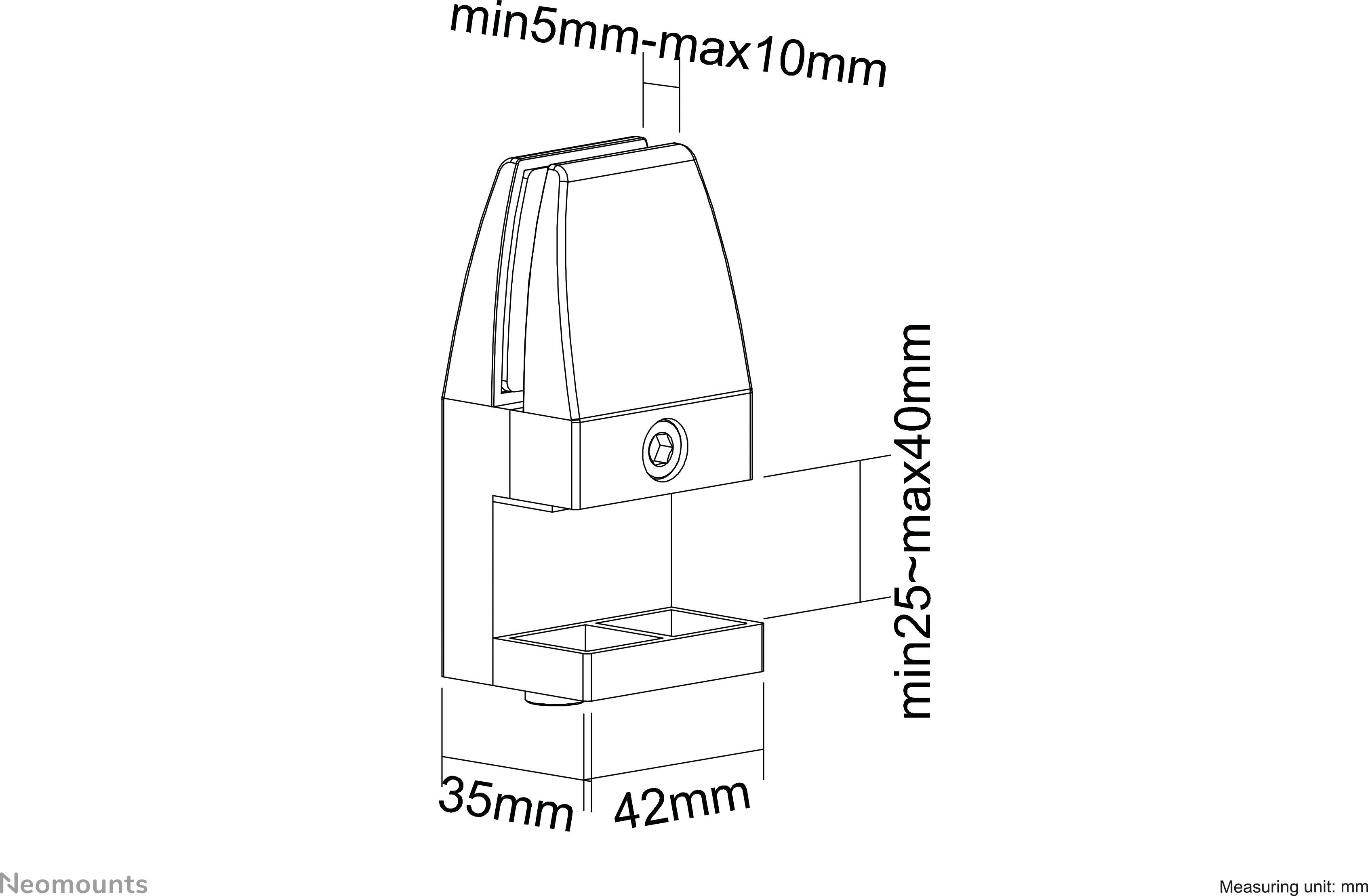 Technický výkres úchytky s rozmermi: šírka 35 mm, hĺbka 42 mm, variabilné rozsahy svorky 5-10 mm a 25-40 mm.