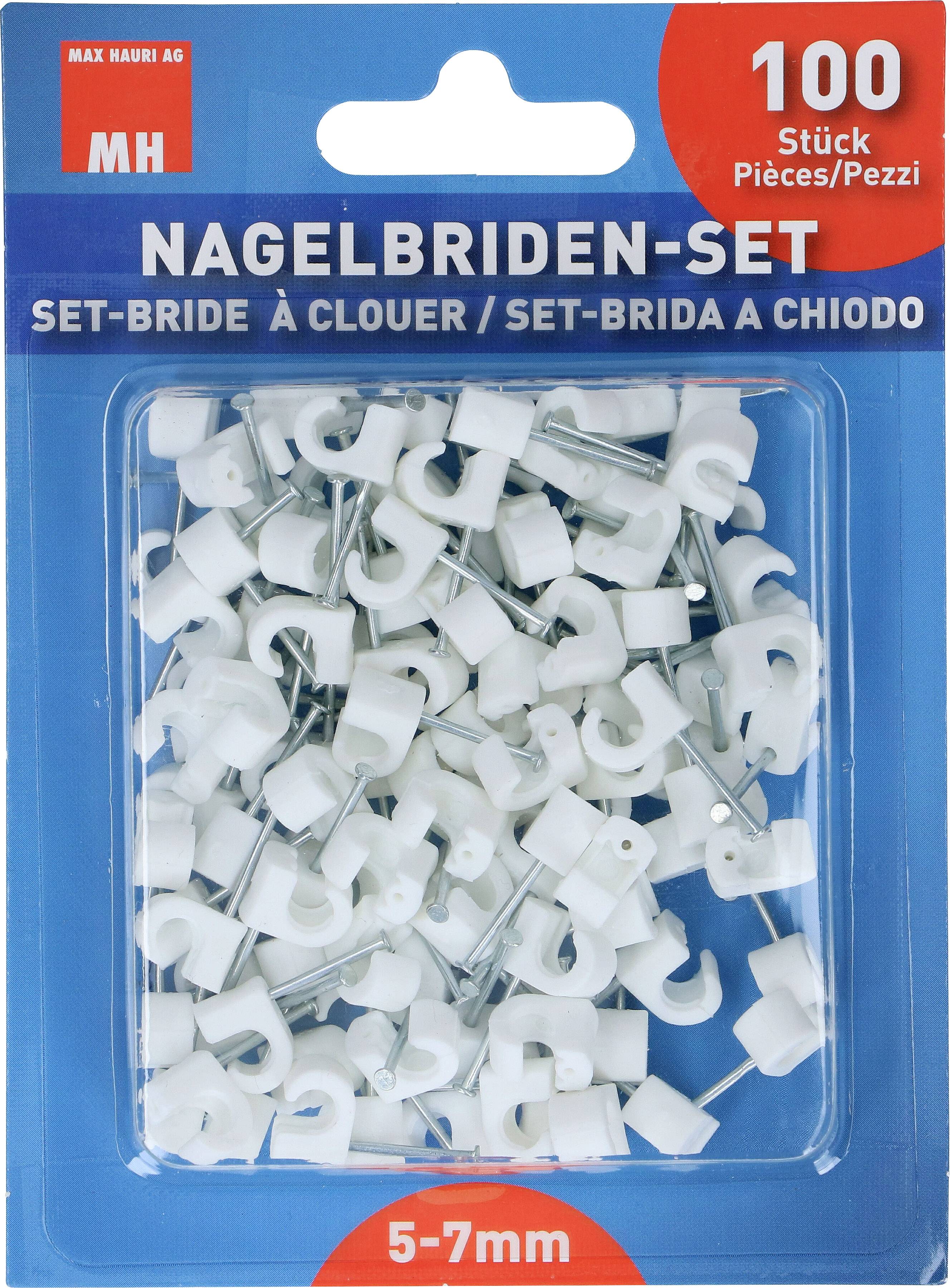 Sada Nagelbriden od Max Hauri AG obsahuje 100 bielych káblových držiakov s klincami pre káble s priemerom 5-7 mm. Balenie v modrej farbe.