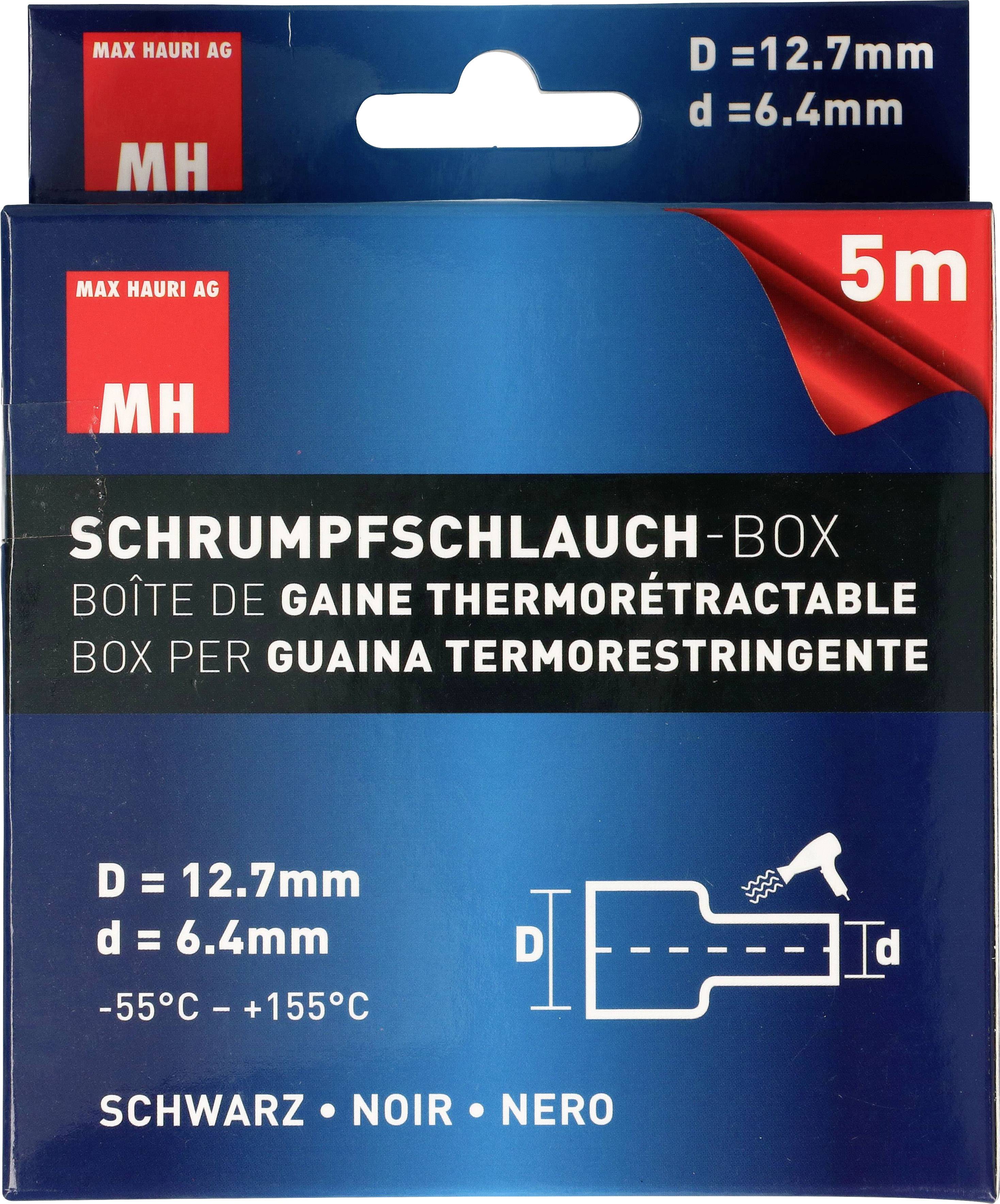 Zmršťovacia trubica v boxe, dĺžka 5m. Priemer D: 12,7mm, d: 6,4mm, teplotný rozsah: -55°C až +155°C. Farba: Čierna.