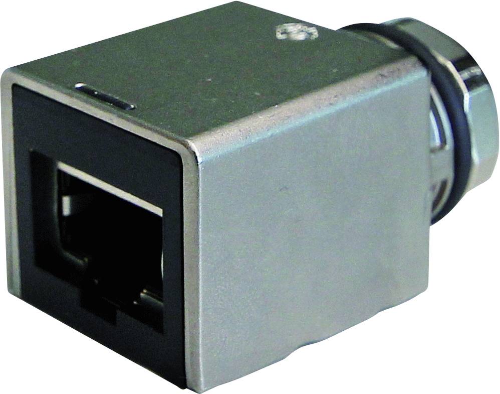 Obdĺžnikový kovový konektor s RJ-45 sieťovým rozhraním a skrutkovým uzáverom, vhodný pre priemyselné ethernetové pripojenia.