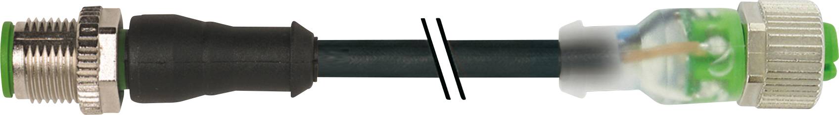 Dva konektory, jeden so závitom a druhý so zeleným plastovým prvkom, prepojené čiernym káblom.