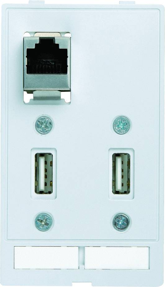 Biela prípojná doska s ethernetovým konektorom v hornej časti a dvoma USB konektormi pod ním, každý obklopený skrutkami.