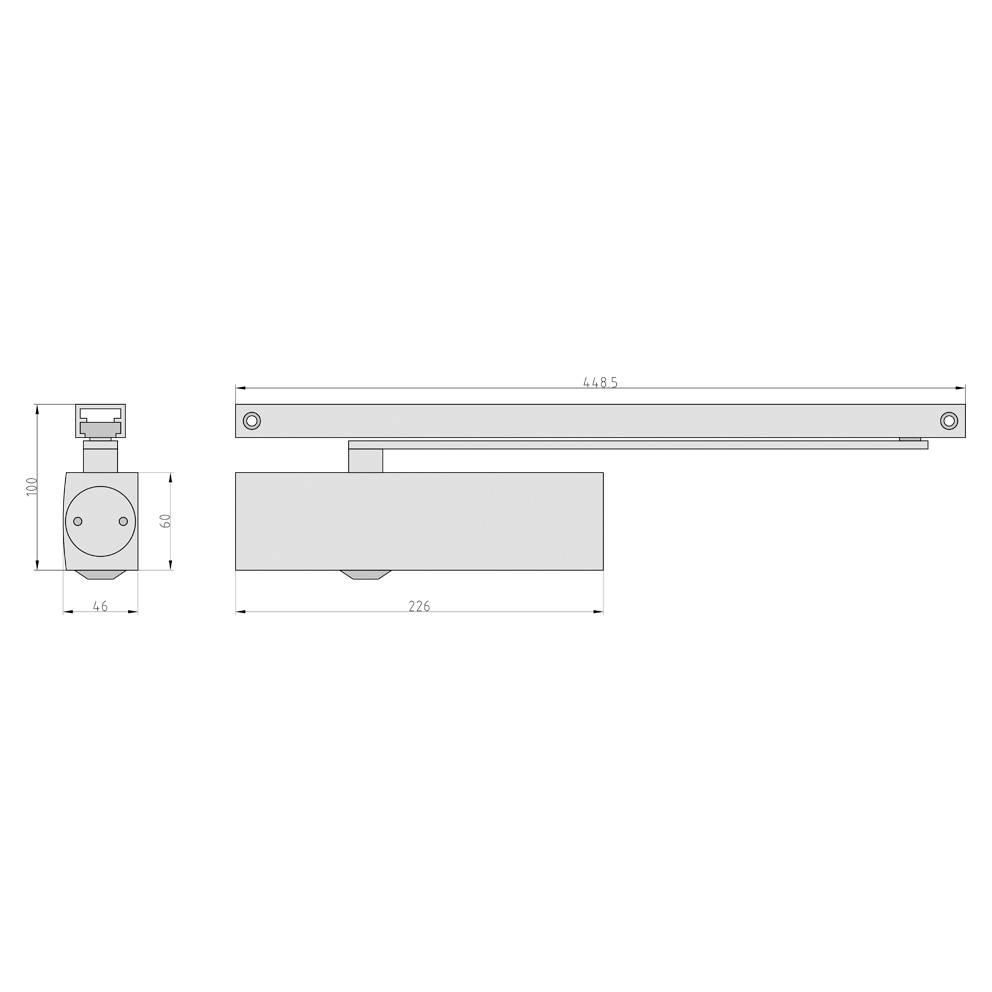 Technický výkres dverného zatvárača s rozmermi: 448,5 mm šírka, 66 mm výška, 50 mm hĺbka. Detailný pohľad na upevnenie.