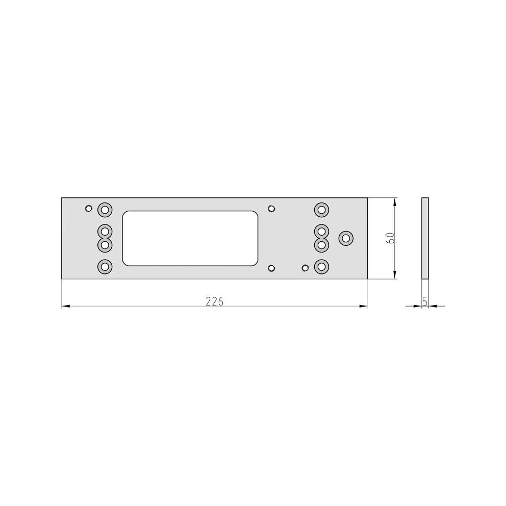 Technický výkres obdĺžnikovej kovovej platne s rozmermi 226 x 6 mm a niekoľkými otvormi. Bočný pohľad ukazuje hrúbku 5 mm.
