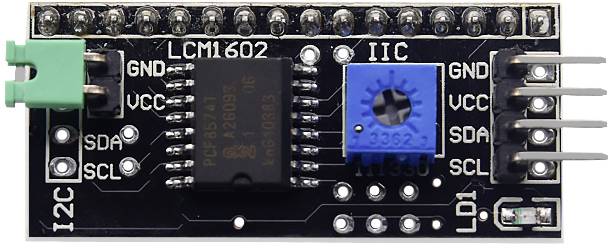 Doska rozhrania I2C s pinmi pre GND, VCC, SDA a SCL, s modrým potenciometrom a čipom označeným 'LCM1602'.