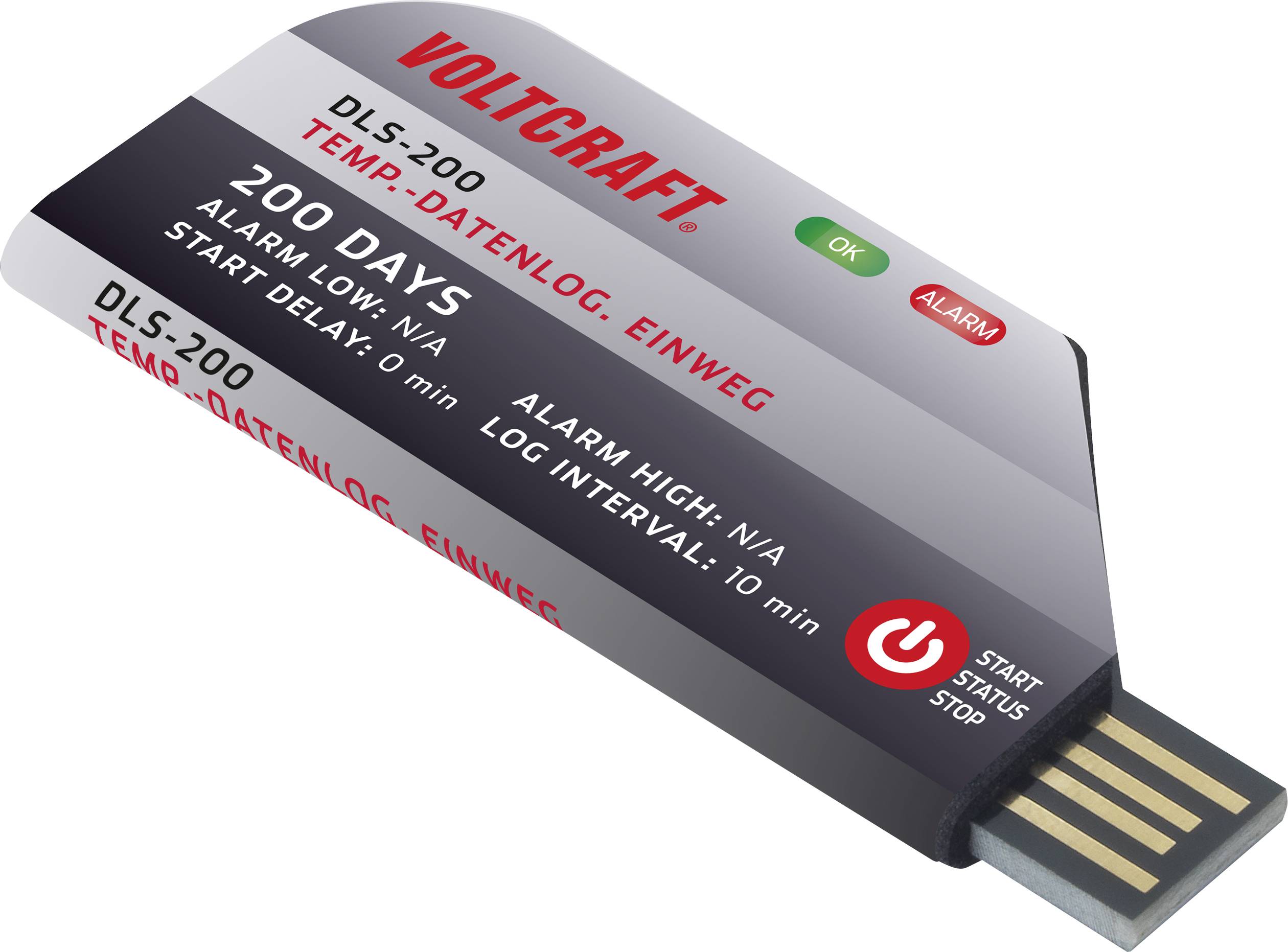 Elektronické zariadenie 'Voltcraft DLS-200', USB teplotný dátový záznamník s kapacitou záznamu až 200 dní, vybavený indikačnými LED diódami a prepínacím tlačidlom.