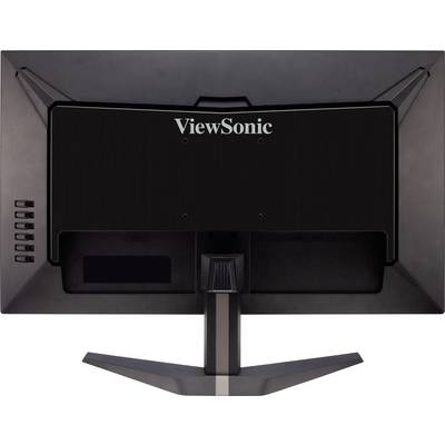 Zadný pohľad na monitor ViewSonic so stojanom. Zobrazuje dostupné konektory a logo na kryte.