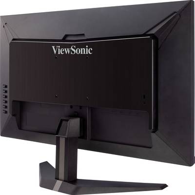 Černý počítačový monitor značky ViewSonic, pohľadený zozadu, ukazuje stabilnú základňu a štíhlu konštrukciu.