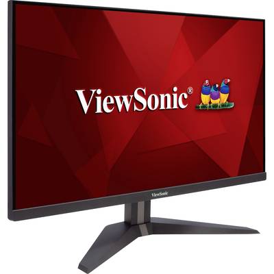 Počítačový monitor značky 'ViewSonic' s červeným pozadím a logom troch farebných vtákov.