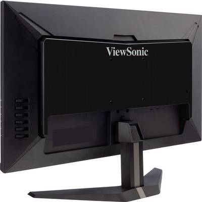 Čierny počítačový monitor značky ViewSonic, zobrazený zozadu, upevnený na modernom stabilnom stojane.