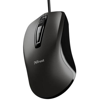 Čierna drôtová počítačová myš s ergonomickým dizajnom, s označením 'Trust' na povrchu.