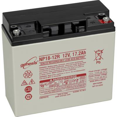 Olovený akumulátor, 12V, 17,2Ah. Nápis: Výstražné upozornenia a technické špecifikácie vrátane nabíjacieho napätia 13,8V-15,0V. Firemné logo v ľavom hornom rohu.