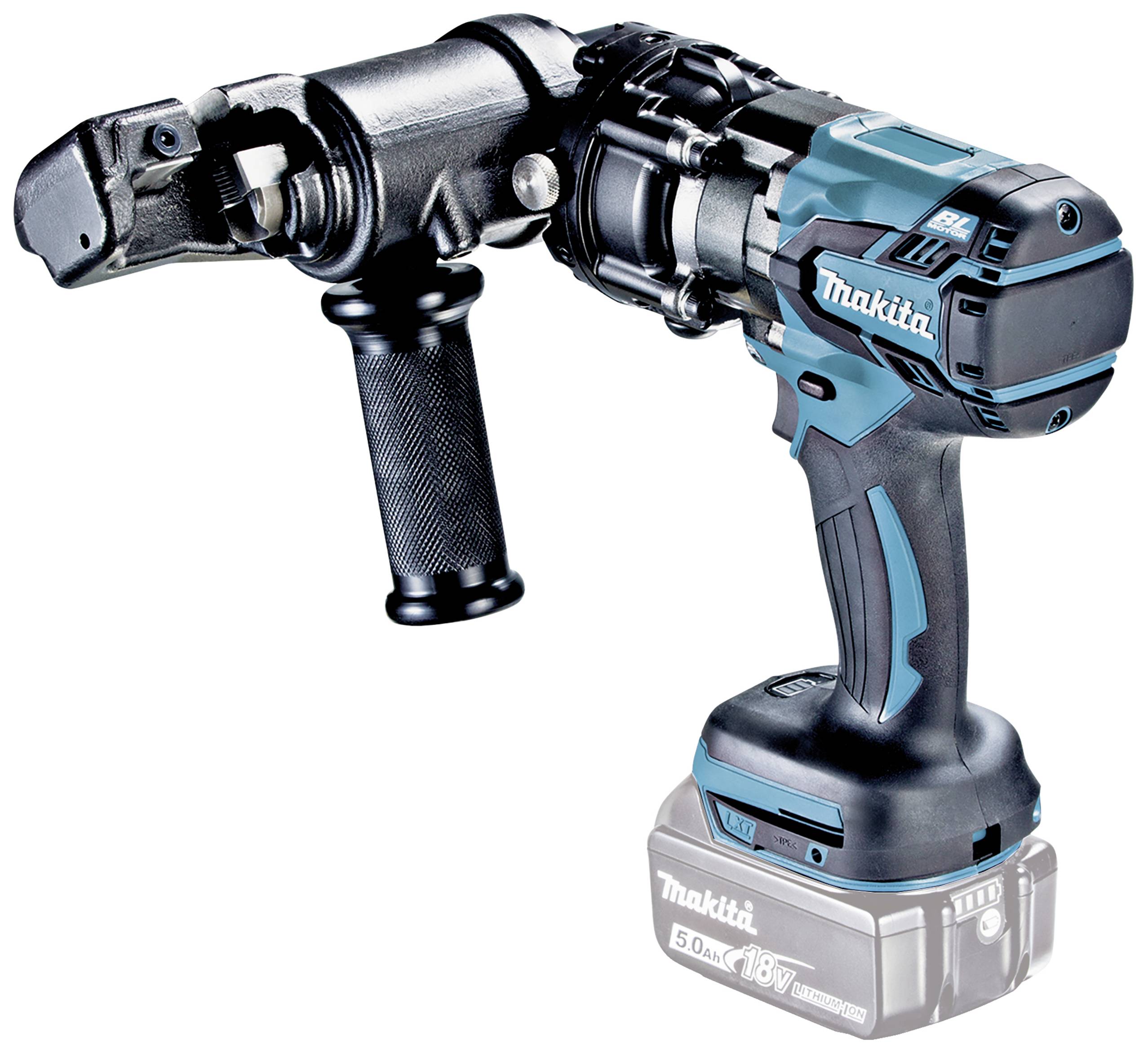 Akumulátorový hydraulický rezač skrutiek s ergonomickým držadlom, vhodný na rezanie kovových skrutiek, na bielom pozadí.
