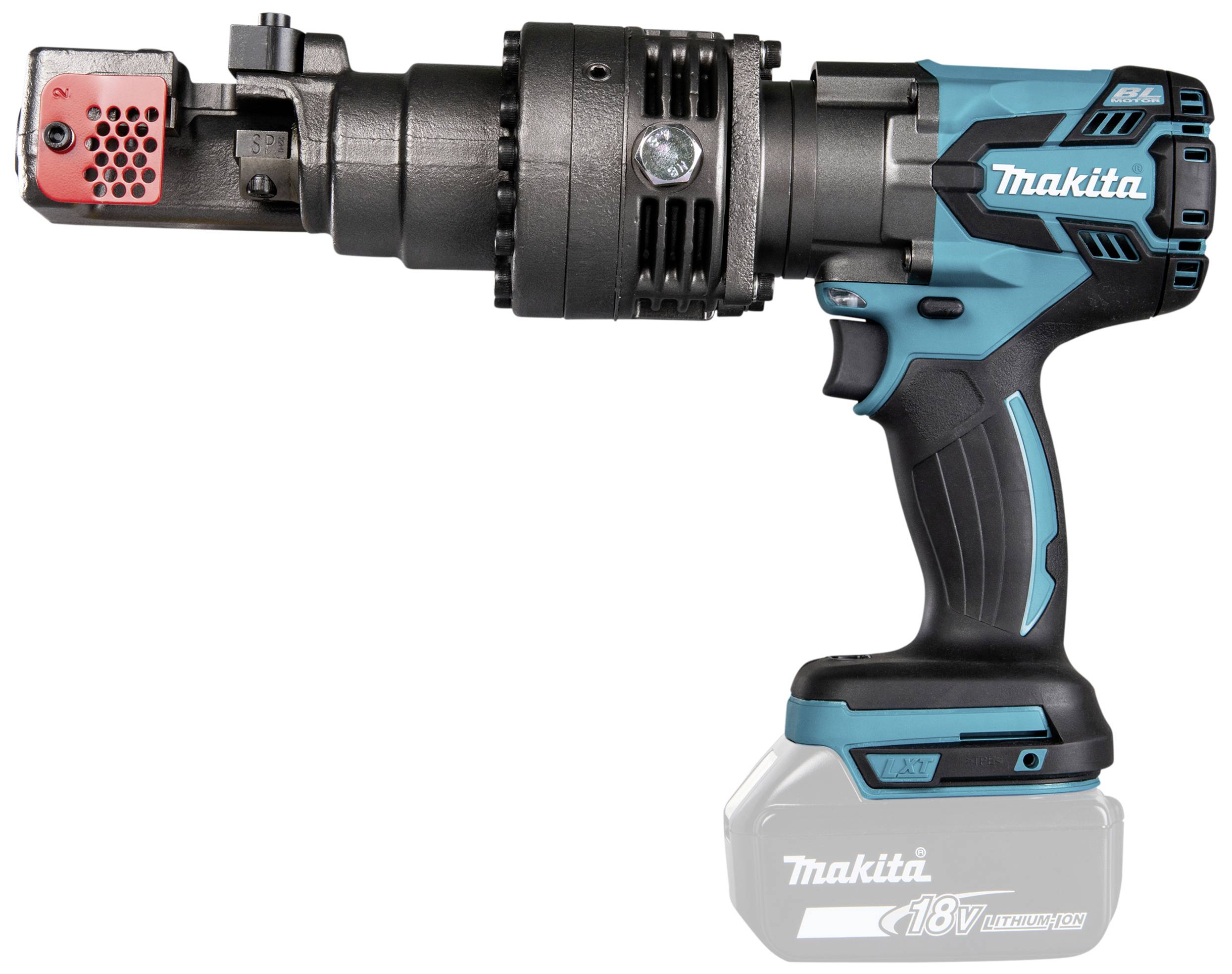Akumulátorový rozťahovač matíc od Makity, 18V lítiovo-iónová batéria, ergonomický dizajn, čierna a tyrkysová rukoväť.
