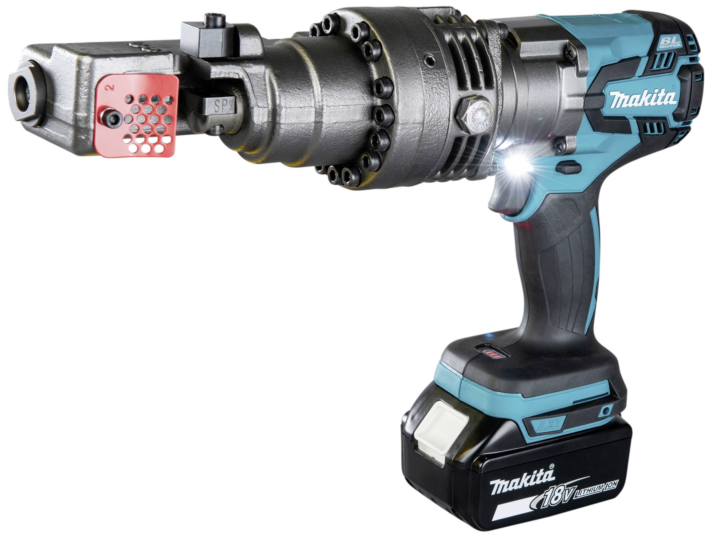 Akumulátorové hydraulické nožnice s logom Makita, modro-čierne, vhodné na rezanie kovov a káblov. Napájané batériou.