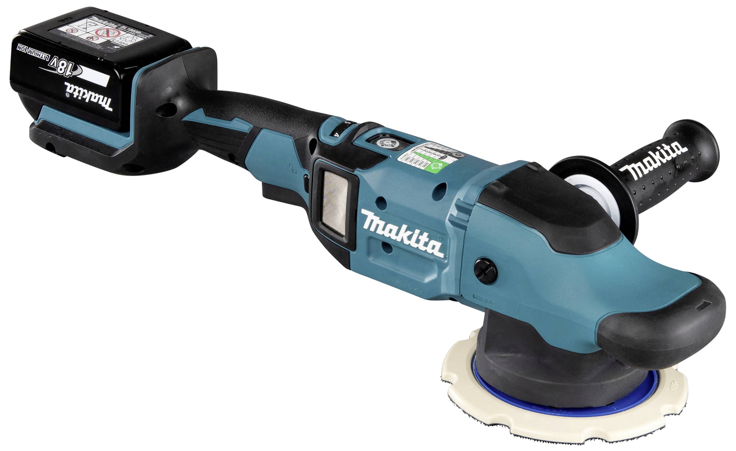 Akumulátorová modrá leštička s ergonomickou rukoväťou a logom Makita.