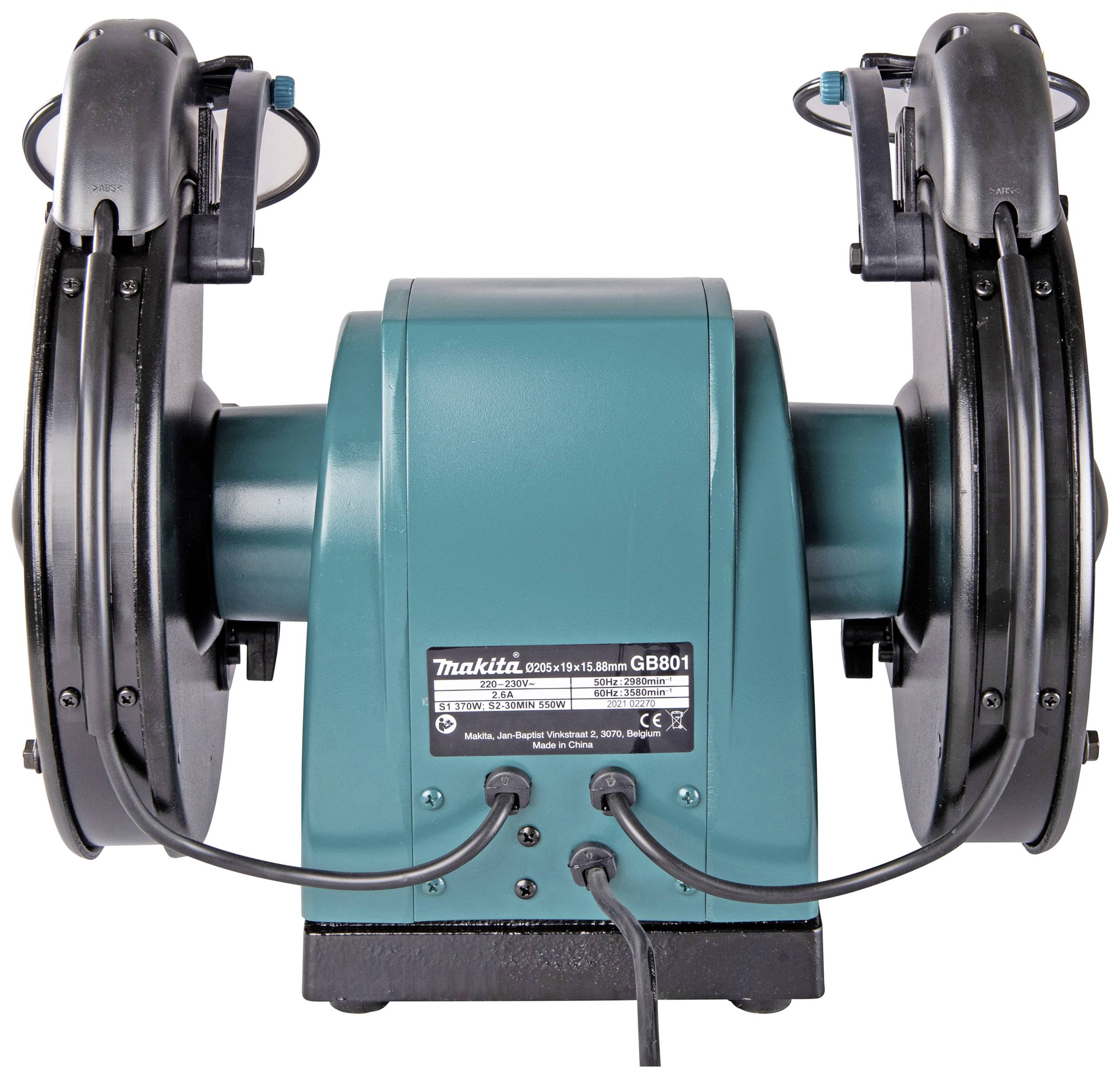 Tyrkysový elektrický brúsny stolík s dvoma brúsnymi kotúčmi vľavo a vpravo. Názov značky a číslo modelu na prednej strane.