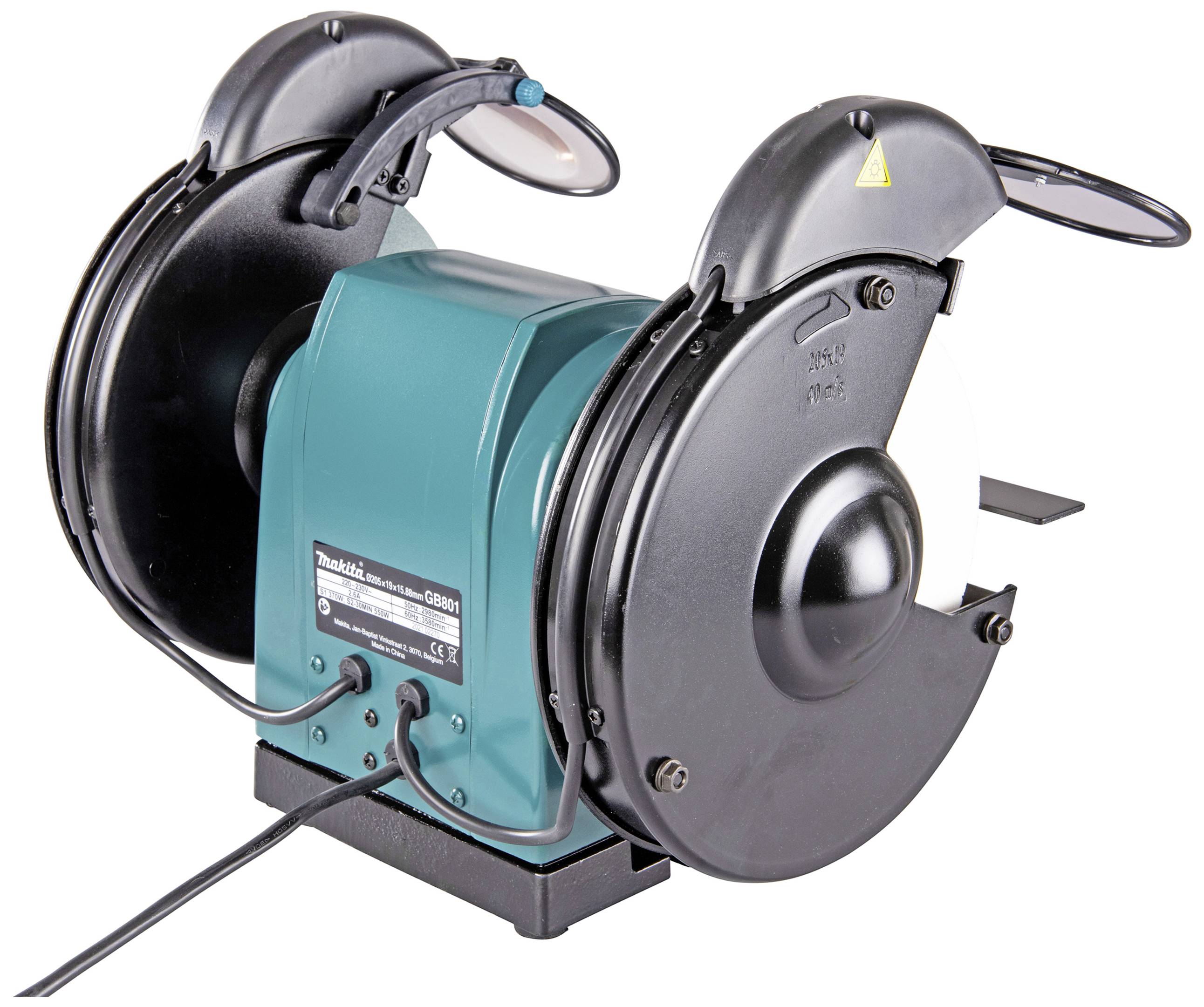 Dvojkotúčová brúska so zeleným krytom a ochrannými krytmi nad brúsnymi plochami. Kábel slúži na napájanie.