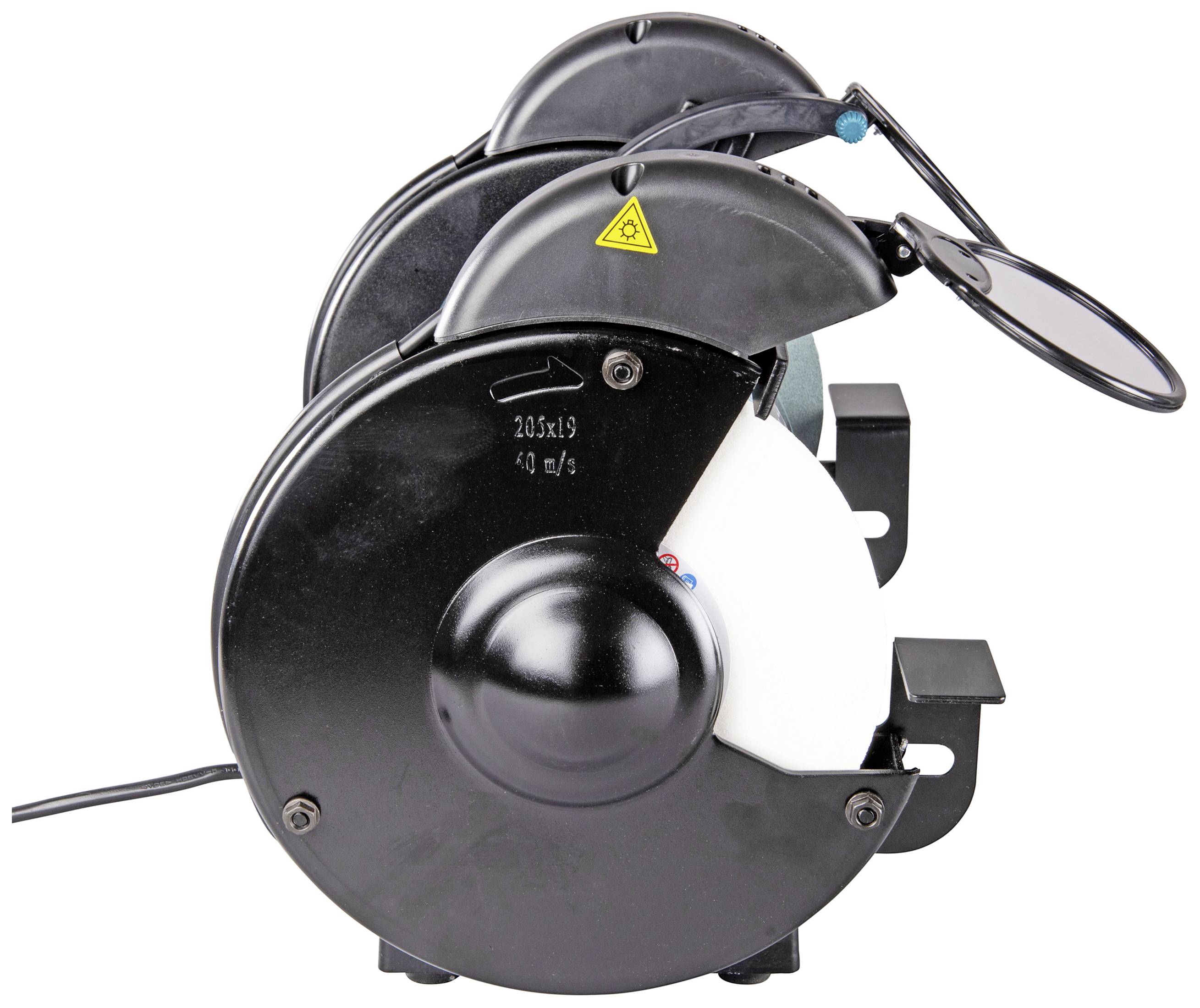 'Obr.: Brúska s dvoma rotujúcimi brúsnymi kotúčmi, ochrannými krytmi a čiernym krytom pre použitie v dielni.'