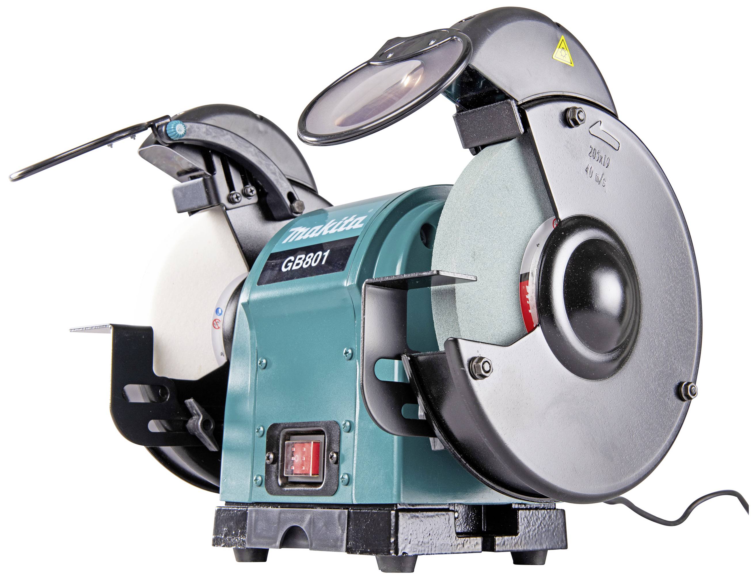 Dvojkolesová brúska Makita, model GB801, so zeleným krytom, ochrannými štítmi a napájacím káblom, určená na brúsenie nástrojov.