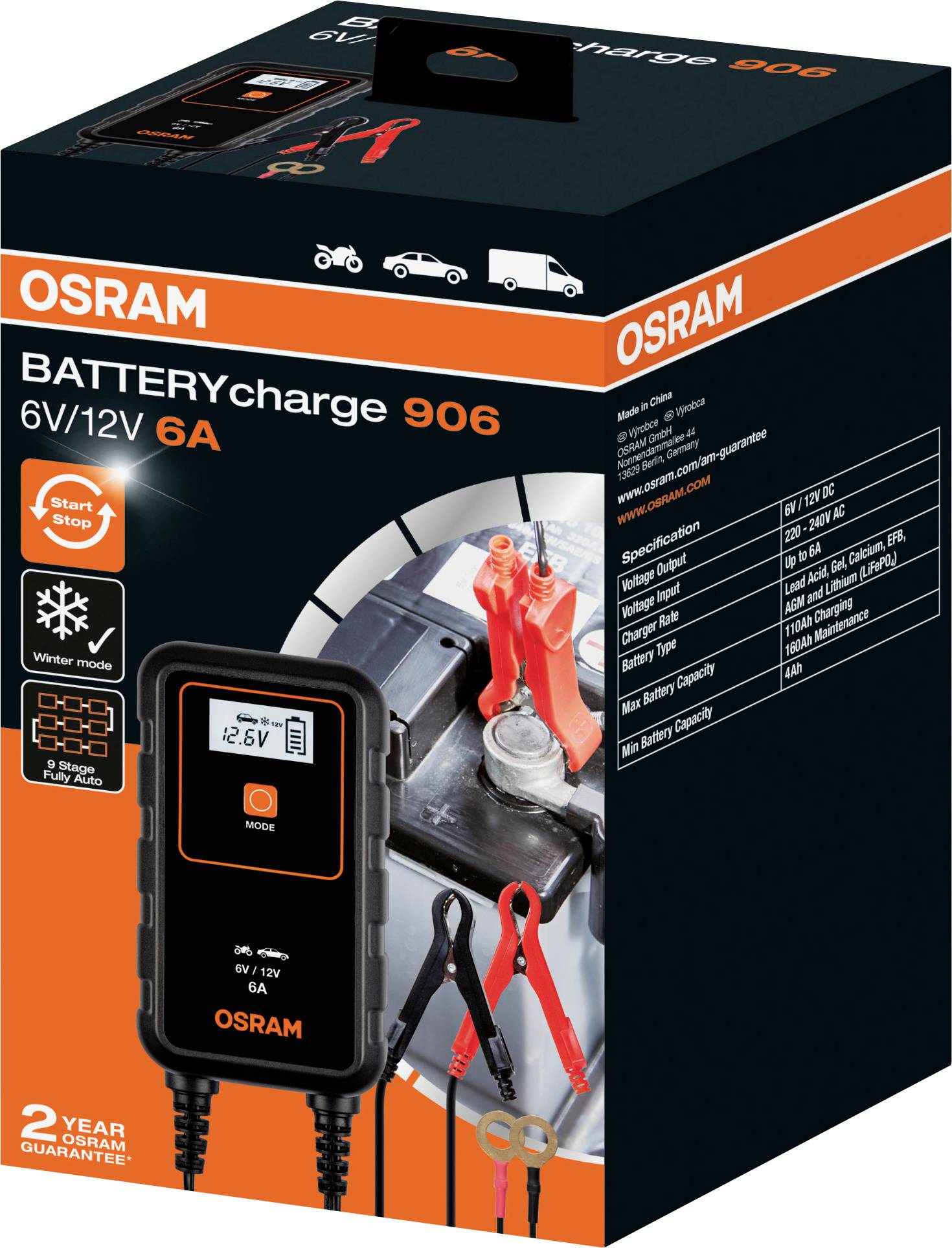 Čierna nabíjačka OSRAM pre 6V/12V batérie s funkciou štart-stop pre autá, motocykle, traktory.