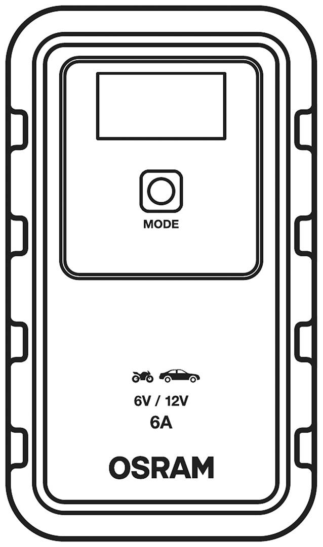 Obrázok nabíjačky batérií 'OSRAM' s tlačidlom MODUS, vhodný pre 6V/12V vozidlá a motocykle.