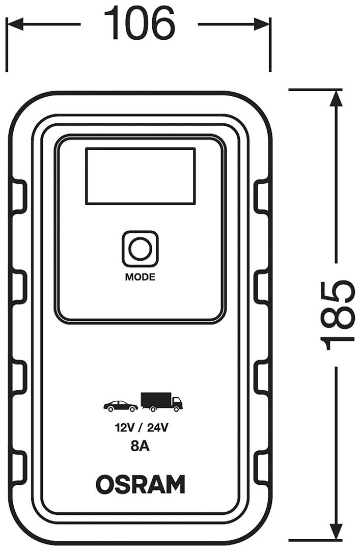 Obrázok znázorňuje obdĺžnikové elektrické zariadenie s nápisom 'OSRAM', tlačidlom 'MODE', symbolmi pre auto a nákladné vozidlo. Rozmery: 106 x 185 mm.