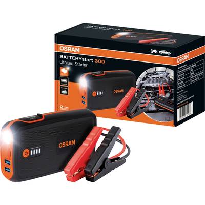 Štartovací prístroj OSRAM BATTERYstart 300 s lítiový štartérom, USB výstupom a LED displejom. Obal zobrazuje produkt a jeho použitie v motorovom priestore.