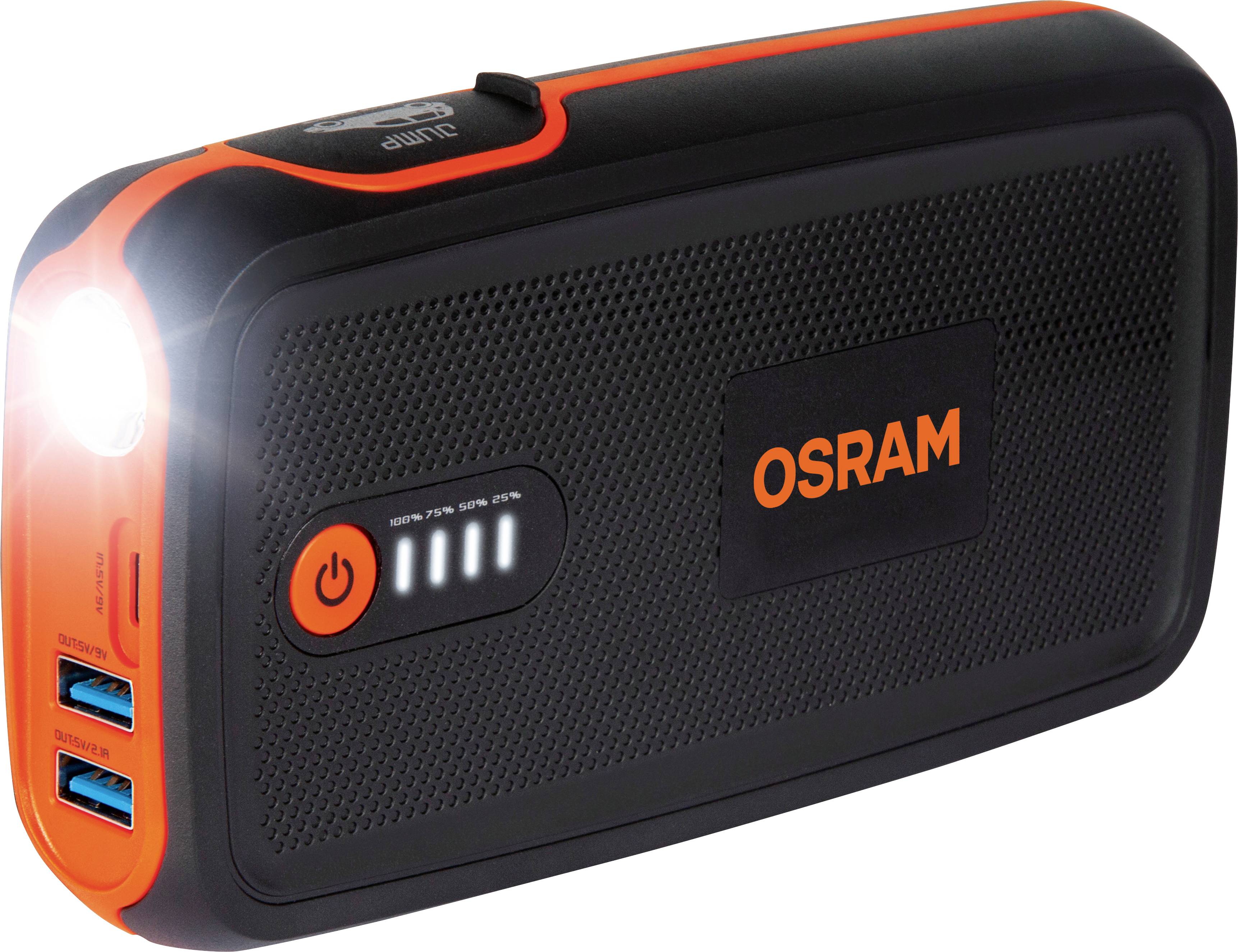 Čierna a oranžová prenosná nabíjačka s logom OSRAM, zobrazuje stav nabitia, má dva USB porty a svietiacu baterku.