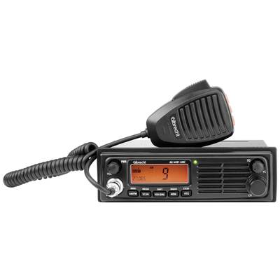 CB rádiostanica s mikrofónom. Na displeji je zobrazený kanál 9. Viditeľné sú tlačidlá pre hlasitosť, vyhľadávanie a ďalšie funkcie.
