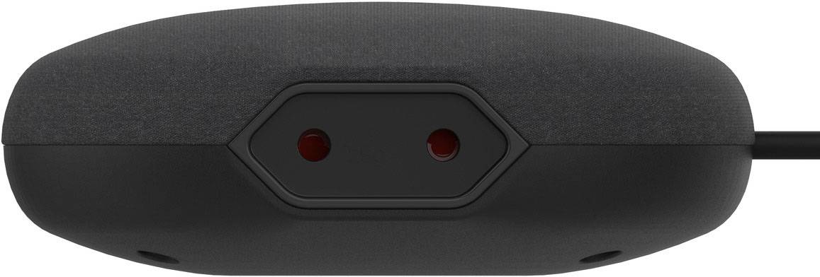 Čierne zariadenie s dvoma červenými senzormi na prednej strane a káblom na pravej strane. Možnosť nahrávania alebo prehrávania zvuku.