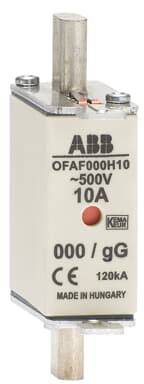 Bezpečnostný prvok značky ABB, model OFAF000H10, navrhnutý pre 500V a 10A. Zobrazuje CE označenie a 'Vyrobené v Maďarsku'.