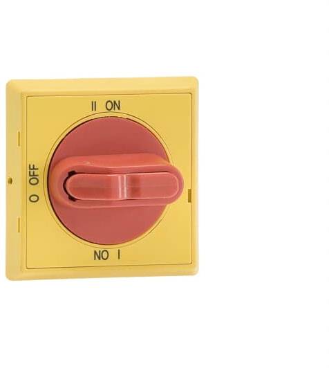 Červený otočný prepínač na žltej doske, otočený do polohy 'ZAP'. Značky ukazujú 'VYP' a 'ZAP' so smerovými šípkami.