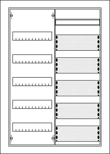 Diagram rozvádzača: Vľavo sa nachádza šesť horizontálnych línií, vpravo je usporiadaných osem šrafovaných polí.