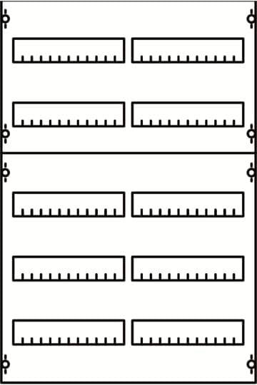 Diagram zobrazuje dve vertikálne rady obdĺžnikových štrbín, hore dve, dole šesť. Každá štrbina má vnútorné značenia.
