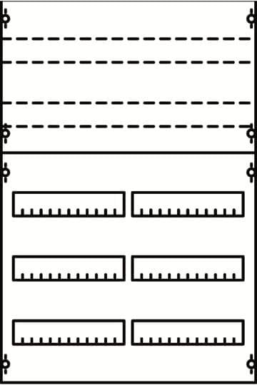 Diagram zobrazuje dva priestory: hore dva polia oddelené čiarami, dole päť priečinkov so stupnicami.