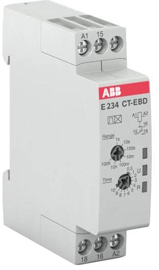 Elektrický relé modul v bielom kryte s červeným logom 'ABB', dvomi regulačnými gombíkmi a niekoľkými svorkami na hornej a dolnej strane.