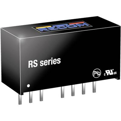 Elektronická súčiastka 'RS séria' od RECOM-u, čierna, s viacerými pripájacími kolíkmi dole, logá na povrchu.