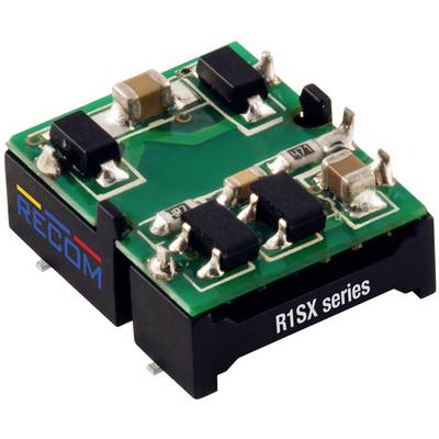 'R1SX série' elektronický modul od spoločnosti RECOM na zelenej doske plošných spojov, s viditelnými elektrickými súčiastkami a pripojeniami.